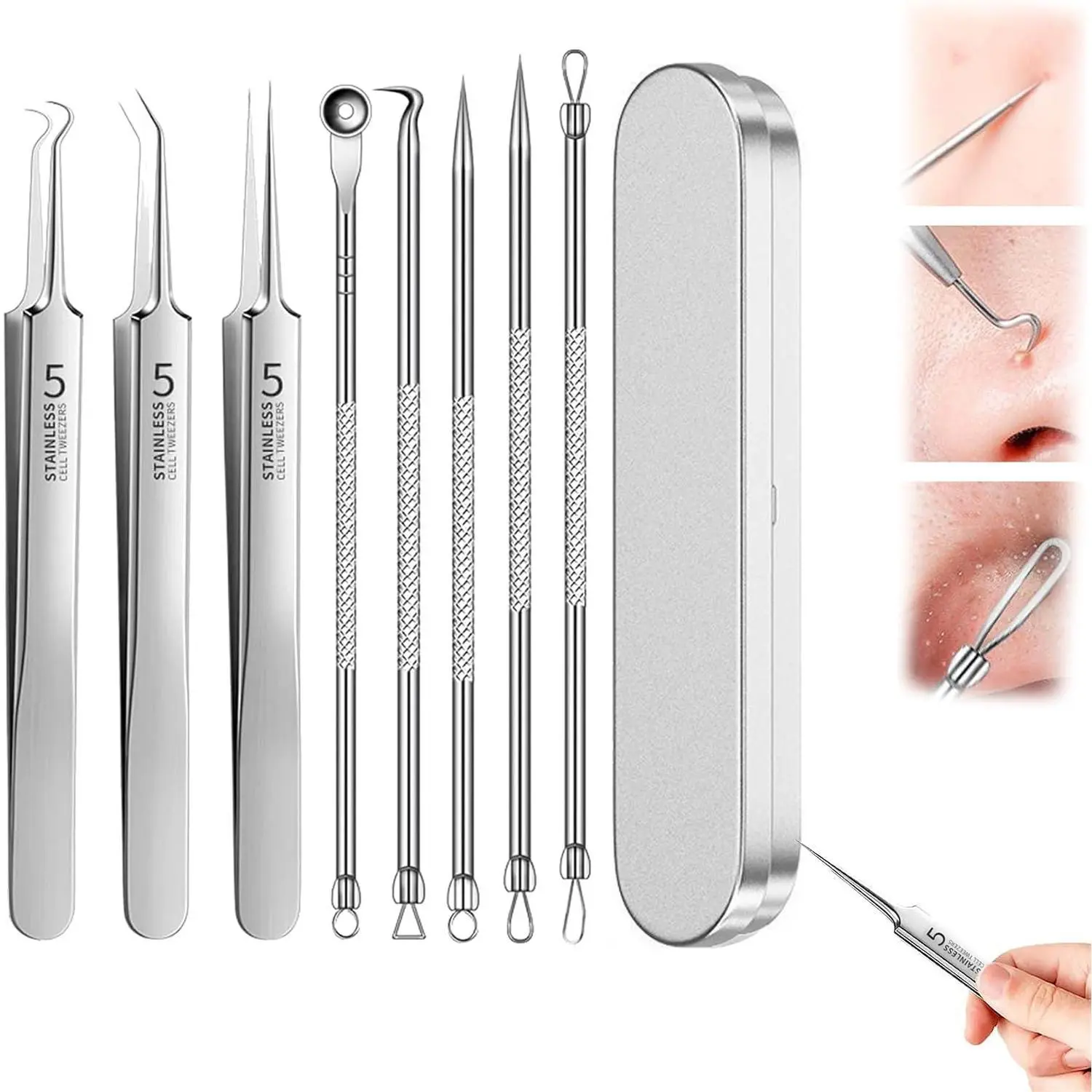 Blackhead Remover Tool,Pimple Extractor,Acne Treatment Tool, Whitehead Popping-8 Pcs Zit Removing for Nose Face Tools