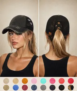 C.C Ponytail Baseball Cap for Women – Distressed Denim, Adjustable Criss-Cross Back, Sun Protection, Perfect for Mother's Day Gift