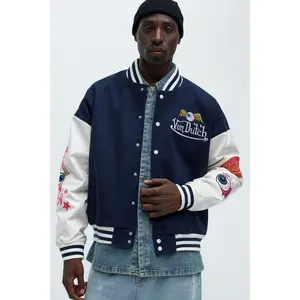 Von Dutch Eyeball Varsity Coat - Menswear, Navy/Combo, Long Sleeves, Ribbed Tops