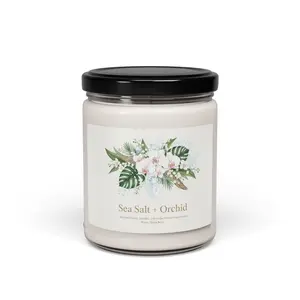 Sea Salt Orchid Floral Label Candle, Scented Soy Candle 9oz | Coastal Botanical Jar