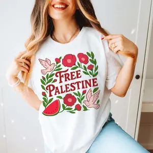 Men's Casual-Fit Short-Sleeve Cotton Fabric T-Shirt, Round Neck Fitted Streetwear Top with Palestine Solidarity Floral Design and Watermelon Freedom Symbol for Gaza Support