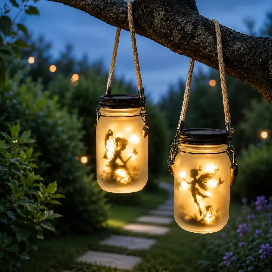 Hanging Solar Fairy Mason Jar Lanterns - Outdoor Frosted Glass Lighted Globe with Firefly LEDs & Jute Rope, Waterproof Yard Art Decoration for Tree, Porch, Patio, Backyard Landscape Gift