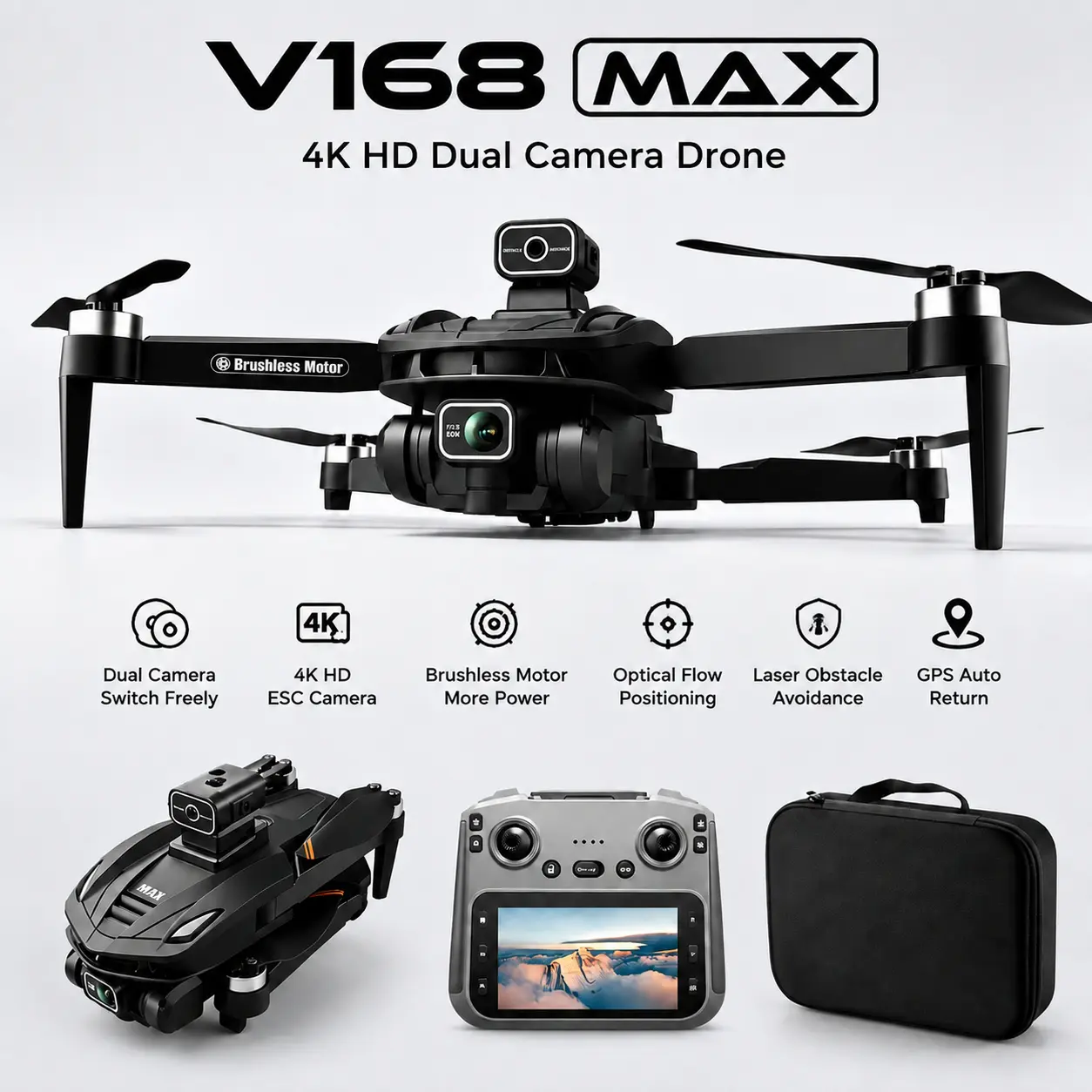 4K-V168 PRO MAX LED RC Amateur Camera Drone, 4.5-in LCD Touch Screen, 3-Battery Version, 50-Min Battery Life, 5G/GPS, 1-Button Return/Take-Off, 360 Surround Shooting, Follow Shooting, Electronic Remote Control Quadcopter