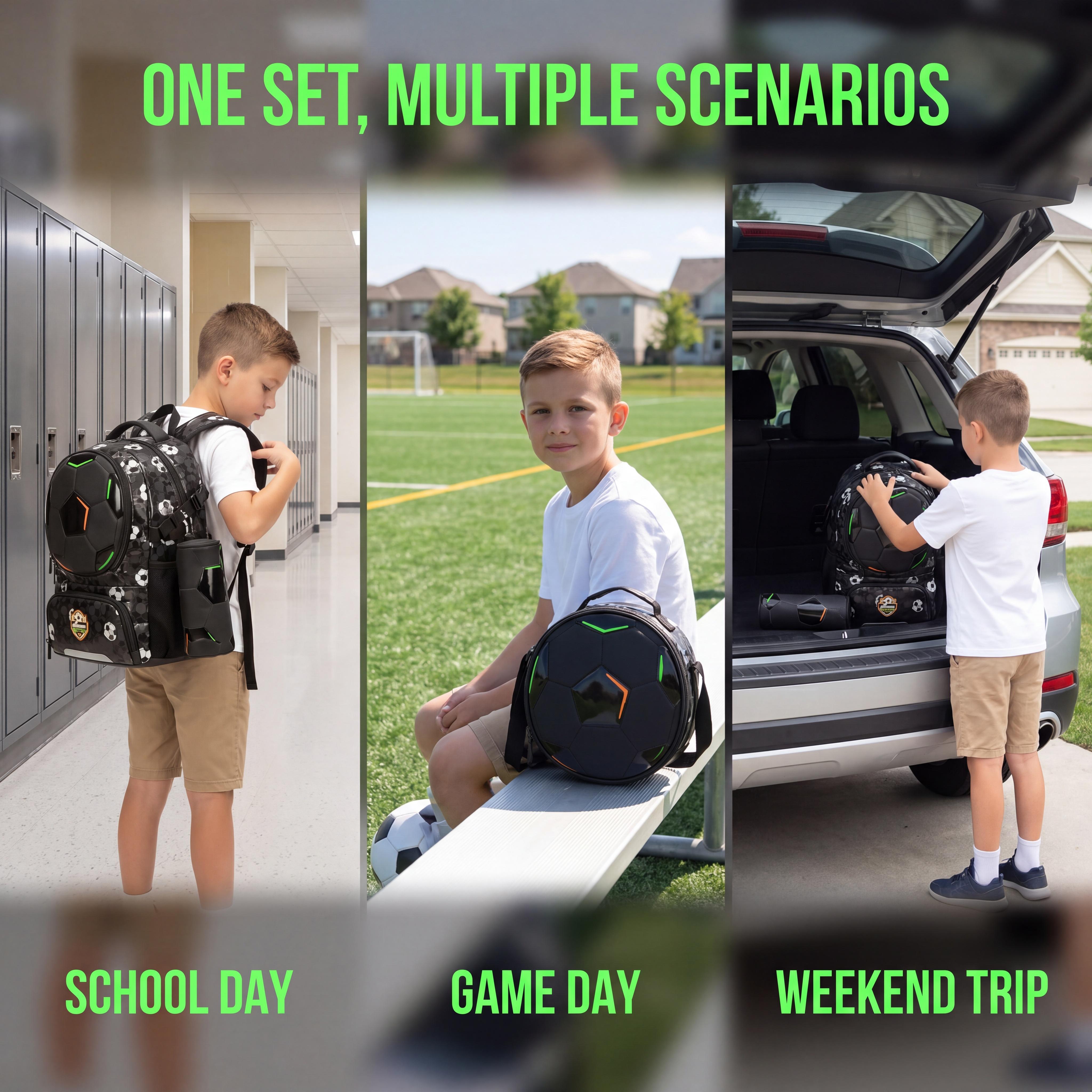 Male Minimalist 3-Piece Polyester Multi-Use Sports Backpack Set with 3D Embossed Soccer Design, Insulated Lunch Bag & Pencil Case for Elementary School Students