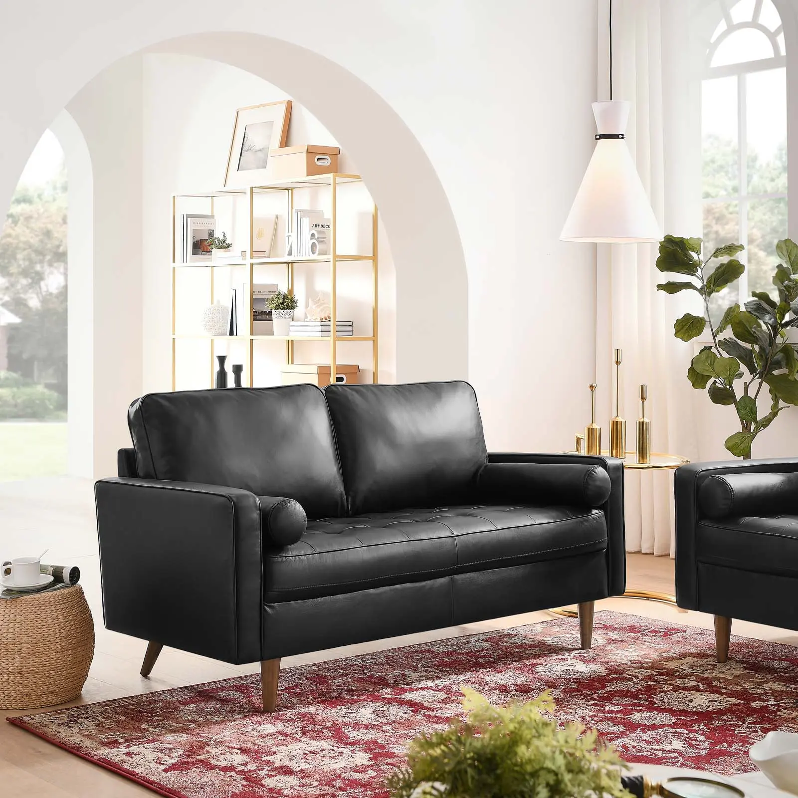 Modway Valour Luxury Leather Loveseat Sofa - Black Indoor Furniture for Living Room Lounge, Premium Luxury Leather Living Room Furniture