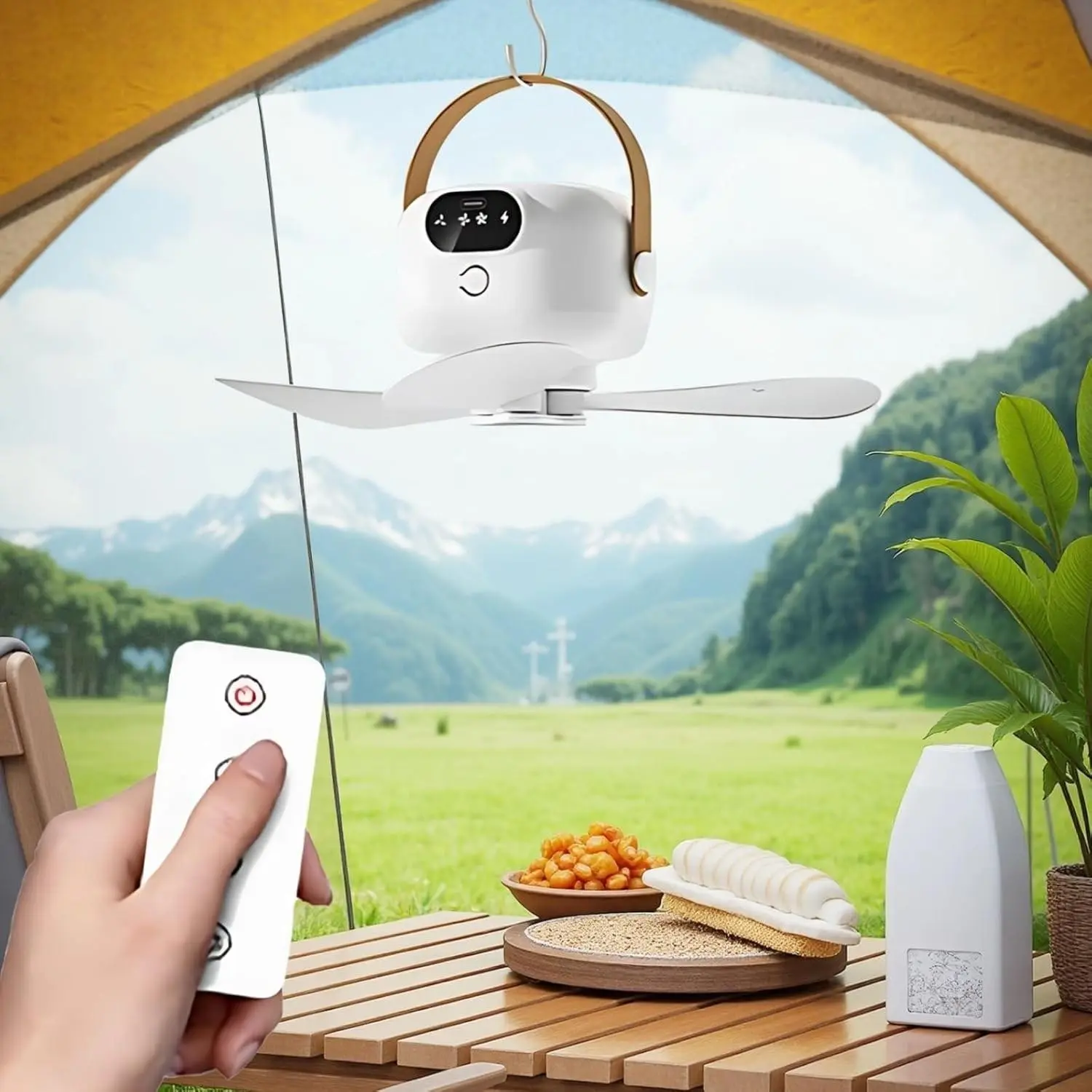 Portable Camping RV Tent Fan with Light, Outdoor Hanging Rechargeable Hooked Remote Fan, Ideal for Patio Courtyard Beach Dorm Bedroom, Remote Control Fan