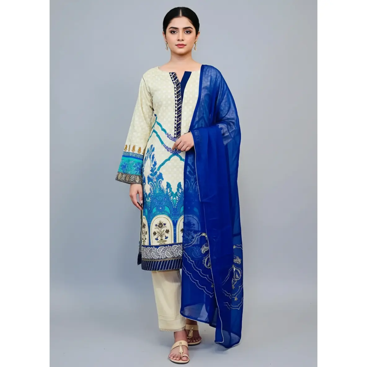 Women's 3-Piece Elegant Collared Lawn Dress Outfit, Casual Matching Fabric Style Womenswear