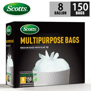 Scotts 8 Gal Trashbags, 150 Sturdy Leak-Proof Non-Tear Puncture-Resistant Drawstring Kitchen Trash Bags, Deodorizing Odor-Absorption Technology, Fresh Lemon Scent, Multipurpose Easy-Use Ties, Sturdy Trash Bags