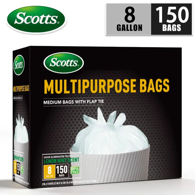 Scotts Sturdy Trash Bags, 8 Gal, 150-Count, Leak-Proof, Non-Tear, Puncture-Resistant Drawstring Bags with Deodorizing Odor-Absorption Tech, Fresh Lemon Scent, Quick-Tie for Kitchen Use