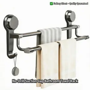 No Drill Double Rod Towel Rack Thick Carbon Steel Rust Proof Corrosion Resistant Wall Mounted Heavy Duty Punch Free Installation Bathroom Storage Towel Holder