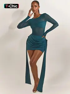 Sexy Solid Color Mesh Patchwork Long Sleeve Dress, Slim-Fitting Transparent Design, Fashion Versatile Choice, Plain Style, Womenswear