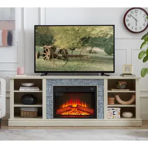 Large Faux Stacked Stone TV Desk Storage Rack, Media Console Table with Large Storage Cabinet,Modern  TV Media Stand with 23" Fireplace Insert,White, 70.12"W*15.35"D*25.83"H(High end and high-quality)