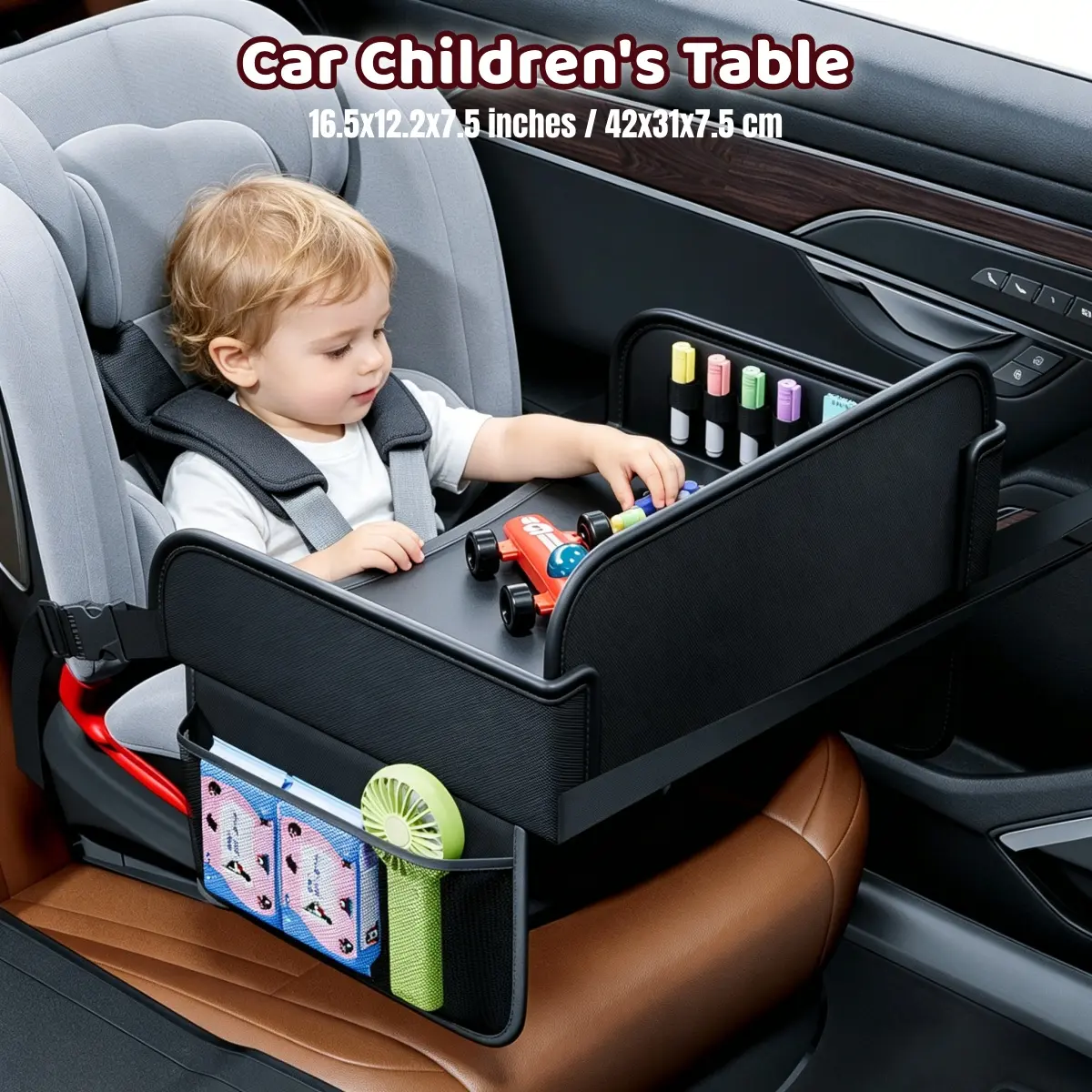 Foldable Artificial Leather Car Seat Tray - Dry-Erase Lap Desk for 1-6 Years Toddlers, Strollers, Fits Most Car Seats - Waterproof Snack/Dinner/Drink Holder, Tablet Stand, Travel Essential Organizer