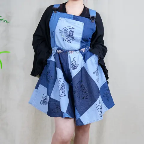 Women's Patchwork Denim Wide Leg Romper - Cotton Flowy Summer Overalls with Elastic Adjustable Buckle Straps, Pockets, Vintage Bohemian Block Print, Fits Funky Hippie Whimsical Boho Jumpsuits for Women