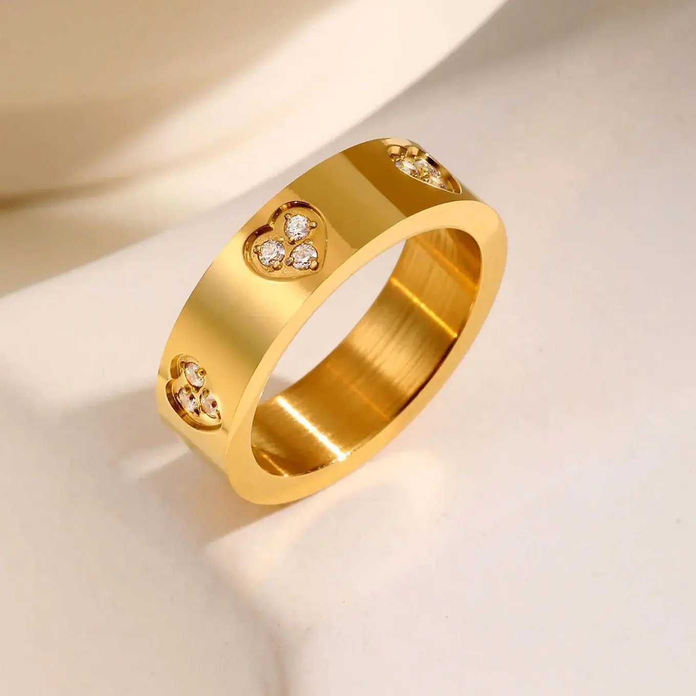 Vnox Stainless Steel Classical Rings For Women Men,Heart Carve Three Zircon Inlay Stackable Rings,Charm Jewelry Love Statement