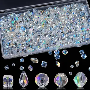 600 Pcs Crystal Glass Beads for Jewelry Making, Crystal Beads with Box, Assorted Bicone, Rondelle, Cube, Teardrop & Spacer Beads for DIY Crafts Bracelets, Necklaces, Earrings, 4/6/8mm, AB Color