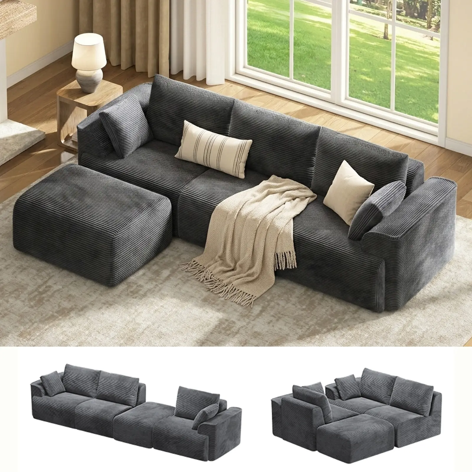 [SummerSale] Sikaic 108" Corduroy Sectional Modular Sofa, L Shaped Boneless Couch with Reversible Chaise, Deep Seat for Living Room, No Assembly Required, High-Resilience Foam, Grey, Home Furniture