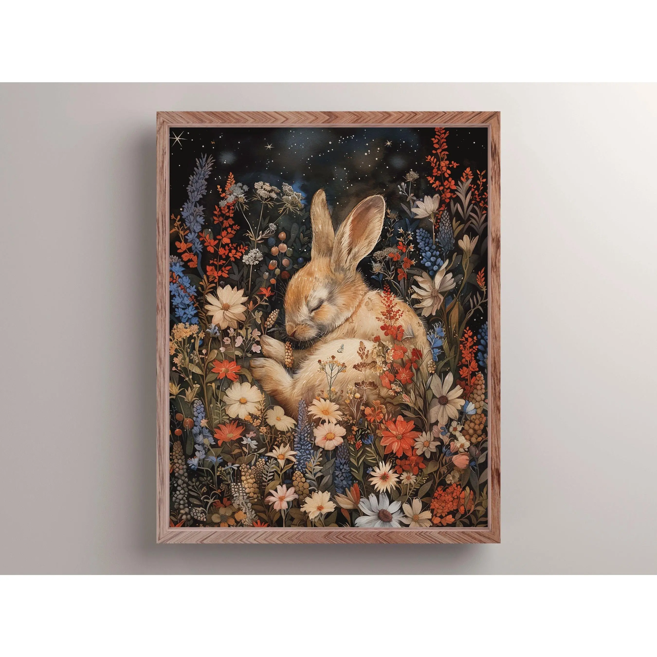 Sleepy Bunny in the Wildflowers Art Print, Cottagecore Rabbit Wall Decor, Dark Woodland Animal Wall Art, Baby Rabbit Nursery Gift Poster POSTER