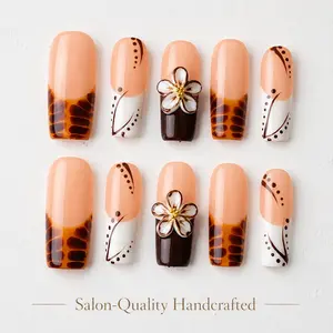 Press On Nails, Medium Square False Nails with 3D Flower Decorations, Tortoiseshell French Tip Design, Handcrafted Acrylic Nails, 10 Pieces Set for Salon Quality Manicure