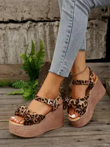 Women's Fashion Elegant Leopard Print Bowknot Design Wedge Sandals, Classy Casual Comfortable Peep Toe Sandals for Summer, Female All-match Shoes for Daily Wear, Girl