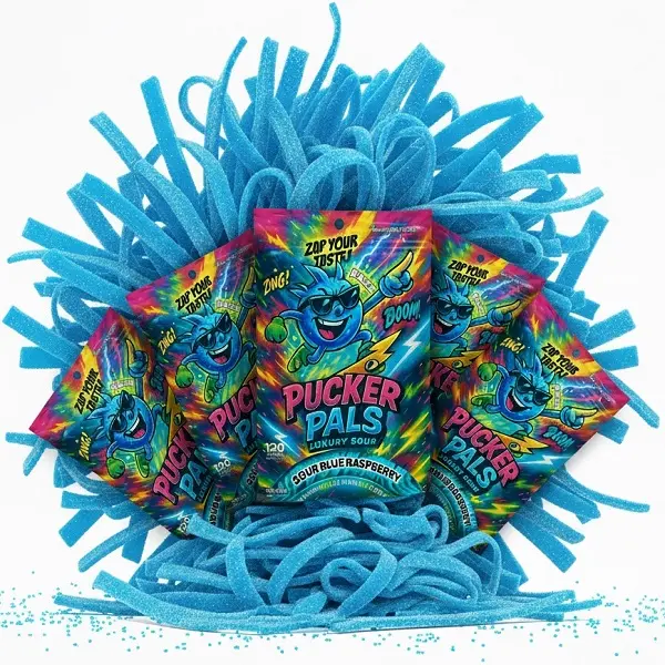 Pucker Pals Sour Candy – 5 Pack Blue Raspberry Extreme Gummy Candy Sour Strips, Bold Sweet & Sour Belts, Gummies For Party Size Gummy Worms Halloween Stocking Stuffers Game Night Boys Girls Teen Kids Adults