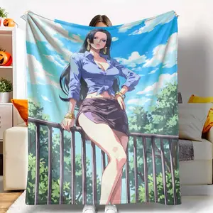 Elegant Anime Woman Flannel Blanket Stylish Blue Shirt and Skirt Illustration Print Ultra Soft Cozy Warm Breathable Lightweight Throw for Bedroom Living Room Sofa Office Gift Home Decor