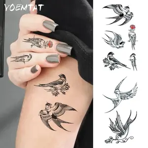 2pcs Swallow Love Waterproof Temporary Tattoo Sticker Bird Holding A Rose Flower Body Art Arm Fake Tattoos Sleeve For Women Men Neck Wrist