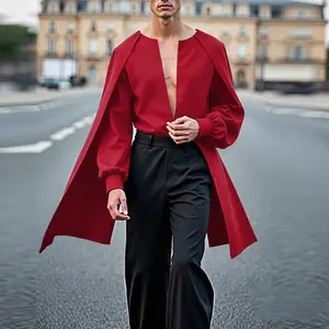 INCERUN COS Vampire/Superhero Men's/Unisex Wine Red Long Cape Sleeve Shirt | Collarless Deep V Design | Party, Stage Styling, Christmas Holiday