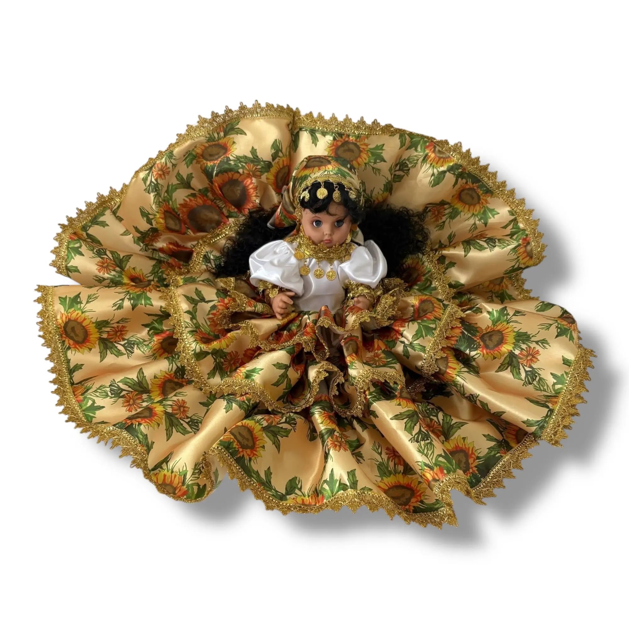 Handmade Yoruba Santeria Spiritual Gypsy Doll, Religious Ornament with Sunflower Dress, Modern Home Decor for Altars and Rituals