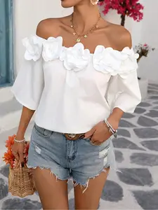 Women's Off The Shoulder Flower Decor Woven Fabric Blouse Shirts, Casual Fashionable Top for Daily Wear, Ladies Clothes Womenswear for Summer