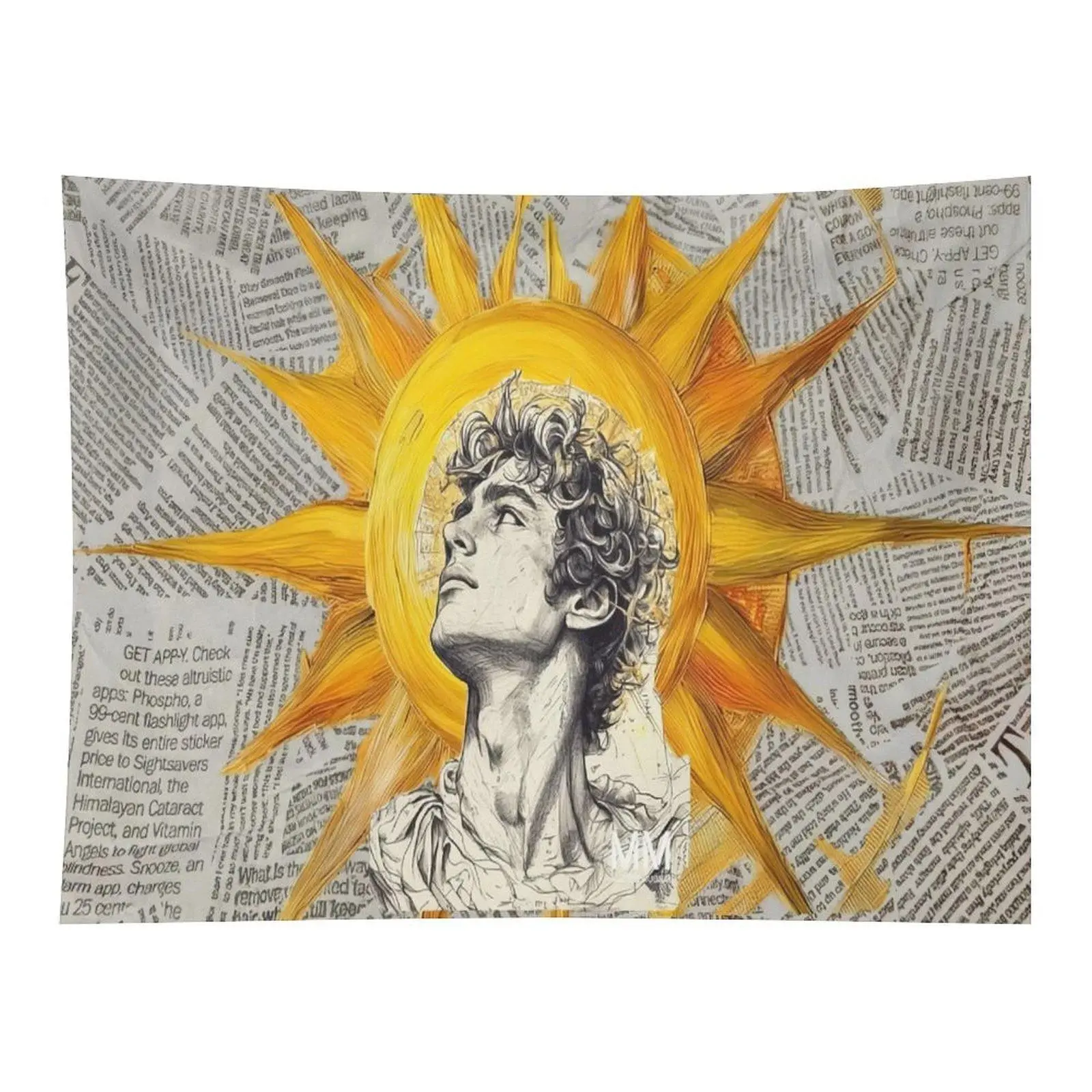 Newspaper Collage Sun God Apollo Sketch Vintage Wall Tapestry Wall Hanging, Greek Mythology Golden Sun Retro Paper Texture Art Decor for Light Academia Bedroom Dorm Office Backdrop