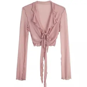 Blush Pink Sheer Tie-Front Cardigan - Delicate Women's Lightweight Layering Piece with Ruffled Edges, Soft Fabric, Long Sleeves, Soft Elegance - Womenswear, Knitwear, Ruffles, Love, Collar