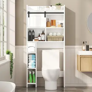 White Over The Toilet Storage Cabinet, Above Toilet Shelf with Sliding Door & Toilet Paper Holder Stand, Behind Toilet Bathroom Organizer with Side Storage Rack for Bathroom, Restroom, White
