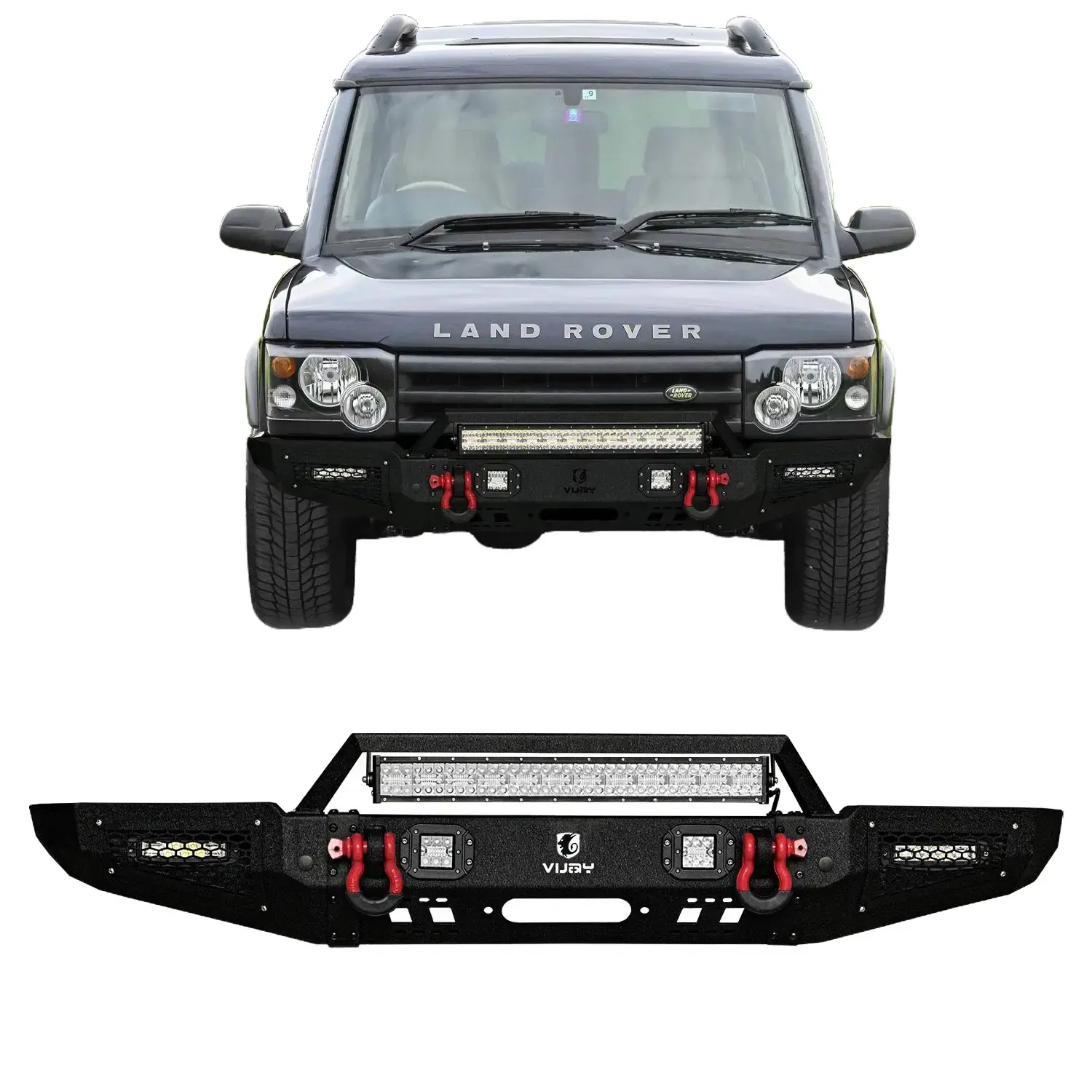 Vijay Black Textured Metal Front Bumper for Land Rover Discovery '99-'04, with Winch Plate, 2 D-Rings, LED Lights, Screwed Installation for Off-Road Performance