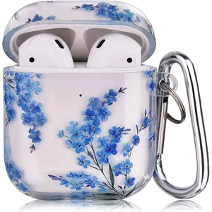 Compatible with AirPods Case, Cute Printed Design Airpods Protective Hard Case Cover Portable & Shockproof Women Men with Keychain for Airpods 2/1 Charging Case (Blue Floral)