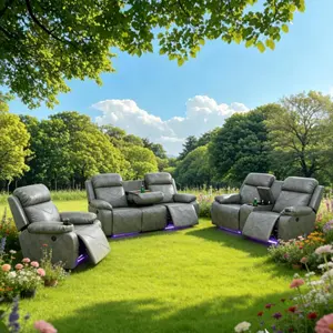 Grey Breathing Leather 3-Piece Couch Living Room Recliner Sofa Set with Modern Design and Comfortable Seating Classic Style Power Reclining Leather Sofa Set with LED