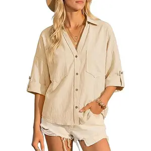 Women's 100% Cotton Collared Short-Sleeve V-Neck Button-Down Top, Loose-Fit Minimalist Basic Casual Summer Blouse with Pockets, Women's Clothes