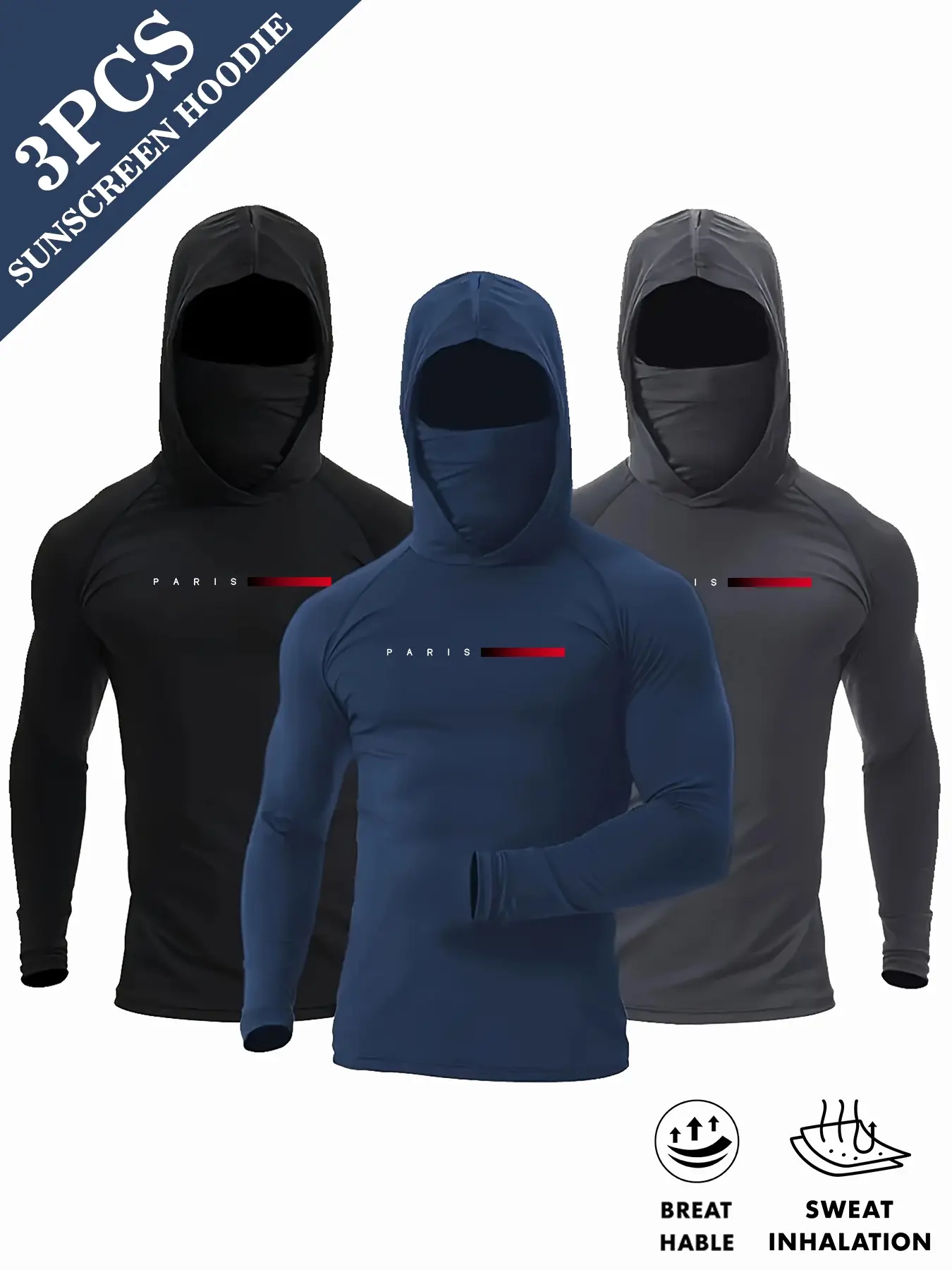 Set of 3 men's quick-drying windproof hooded long-sleeve sports tops, includes face mask, suitable for outdoor activities, and fitness compression sportswear, Athletic Workout Clothing, Activewear Fitness Workout, Activewear Clothes