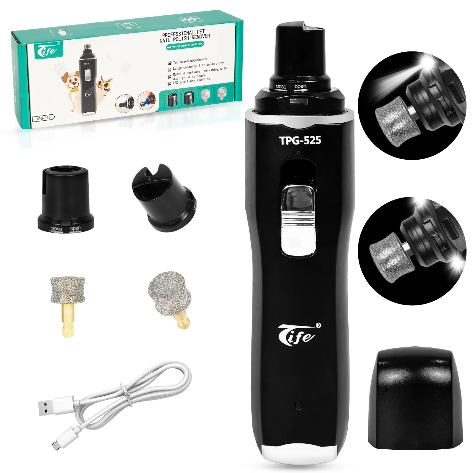 Rechargeable LED Pet Nail Grinder - Wireless Waterproof Paw Trimmer, Plastic Body, Ultra-Quiet 2-Speed Electric Tool, Painless Trim Kit for Dogs & Cats of All Sizes