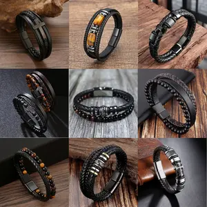 8 INCH Classic Stainless Steel Men's Leather Bracelet Cross Magnetic Buckle Bangle Bracelet Jewelry Father's Day Gift