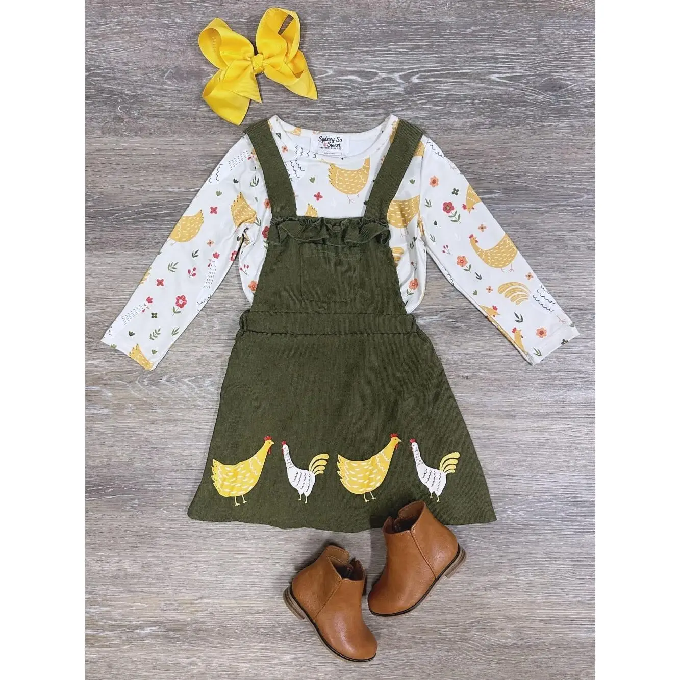 Chicken Chicken Olive Corduroy Girls or Toddler Long Sleeve Top and Jumper Dress 2 Piece Set