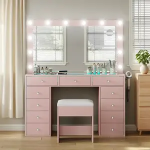Vanity Desk with Illuminated Mirror & Power Outlet, 11 Drawers 12 LED Lights Vanity Table Set with Chair, 3 Lighting Modes Brightness Adjustable