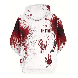 NewMen's "I'm Fine" Graphic Hoodie - 3D Printed White with Red Blood Splatter, Oversized Casual Streetwear Pullover with Kangaroo Pocket for Spring & Autumn