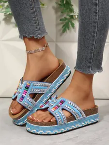 New Summer Women's Fashion PU Leather Sandals, Rhinestone Fisherman Slippers, Flat Beach Shoes, Thick Sole, Large Size, Trendy
