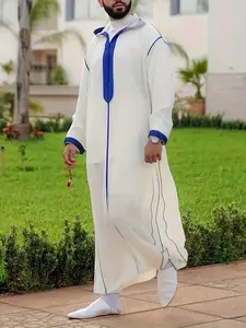 Moroccan Classic Men's Iftar Blue Colorblock Thobe Robe, Casual Long Sleeve Hooded Thin Traditional Arabic Robe, Ramadan Festival Traditional Clothing