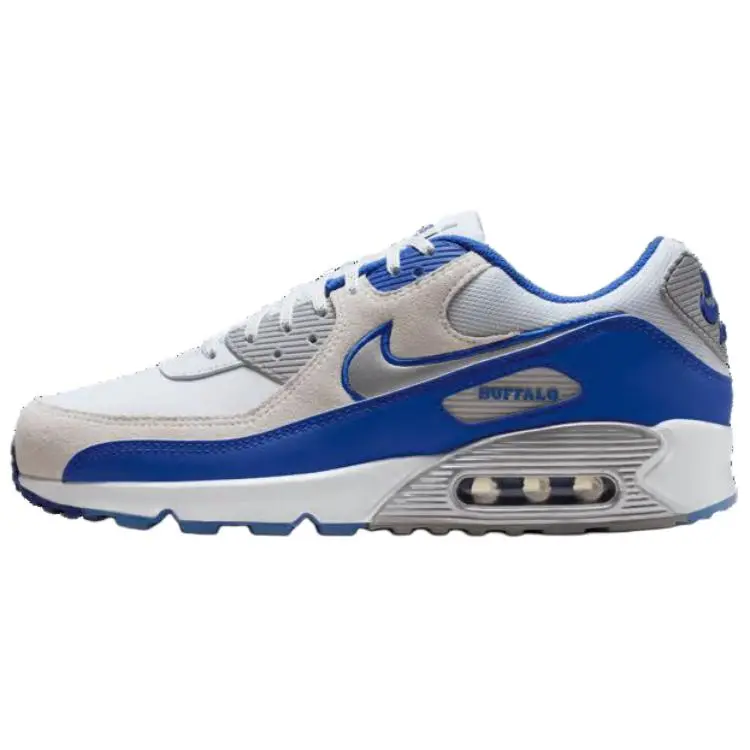 Men's Nike Air Max 90 'Buffalo Bills' Classic Style Sneaker - Durable Leather, Lightweight Breathable Mesh Accents, Comfortable Cushioning, Round Toe, Lace-Up Closure, All-Season Footwear, Non-Marking Soles, US M 10