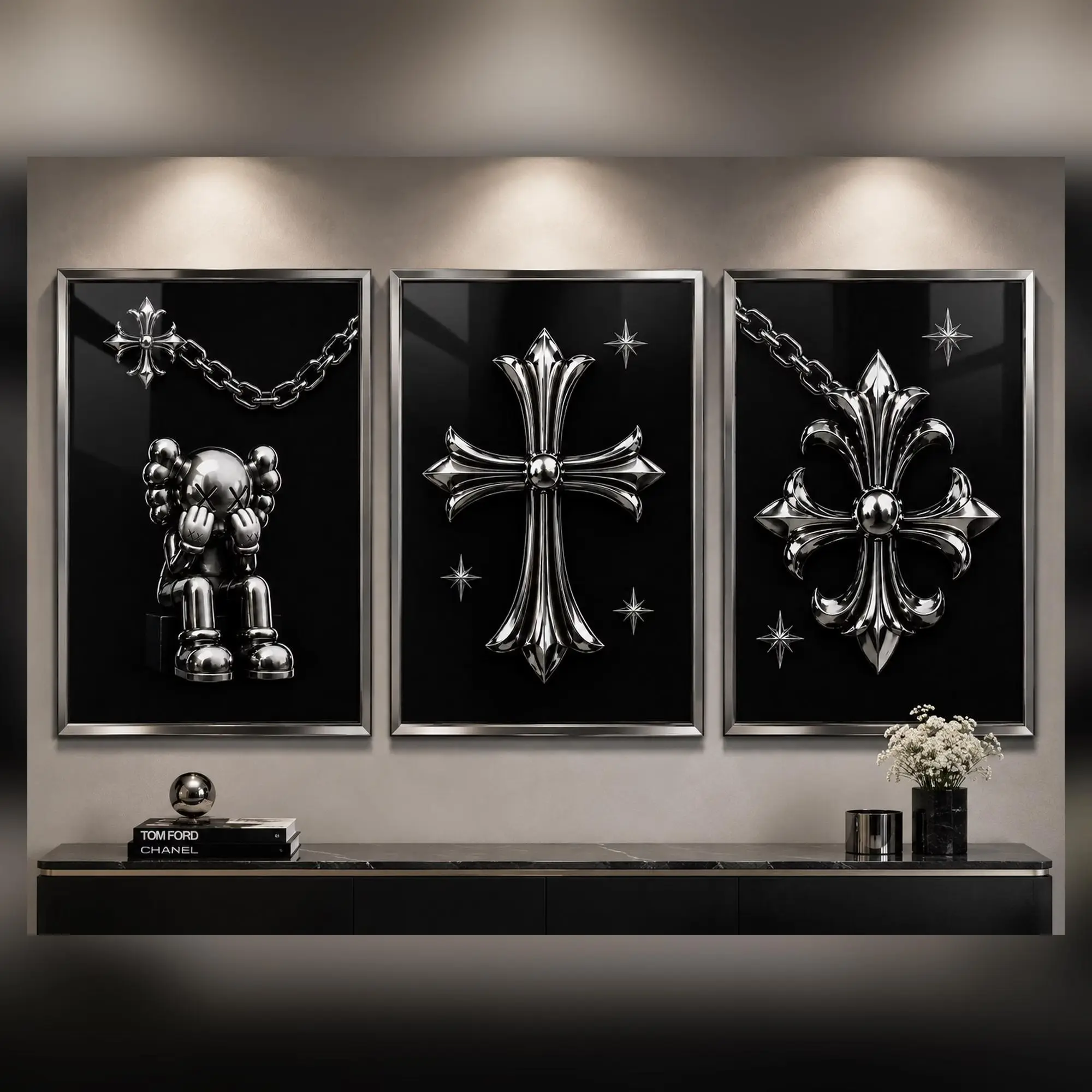 Chrome Hearts KAWS 3-Piece Wall Art Set, Luxury Black Chrome Cross Posters, Hypebeast Room Decor, Modern Gothic