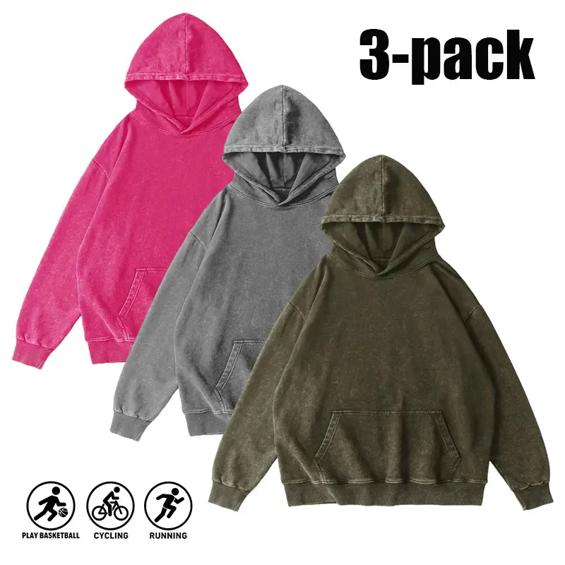 3-pack men’s vintage washed loose hooded sweatshirt, solid color kangaroo pocket relaxed pullover hoodie, streetwear everyday wear, pure cotton distressed sweatshirt