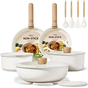 19 Pcs Nonstick Cookware Sets, Pots and Pans Set with Detachable Handles, Oven Safe, Induction Cookware, Stackable Kitchen Cooking Set, White
