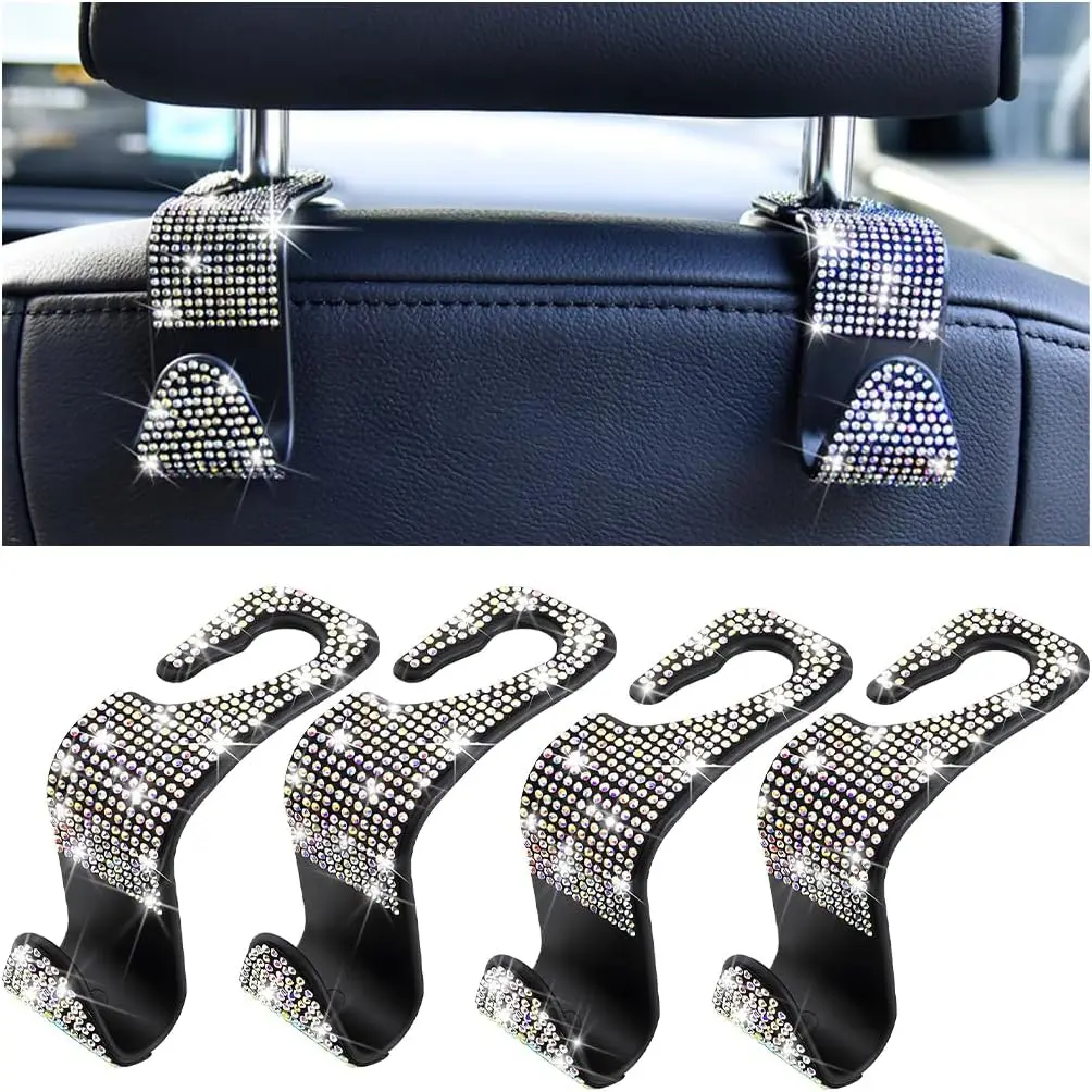 4-Count Bling Rhinestone Car Interior Headrest Hooks, Automotive Seatback Storage Organizer Holder, Car Accessories for Grocery Bags Purses Handbags (Multicolor, Universal Fit)